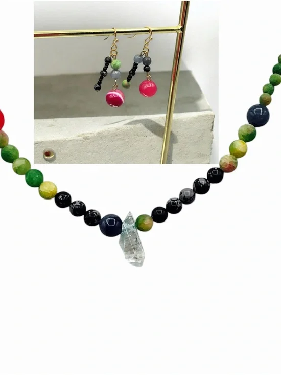 Handcrafted Multicolor Bead Necklace with Pink Drop Earrings - Picture 1 of 9